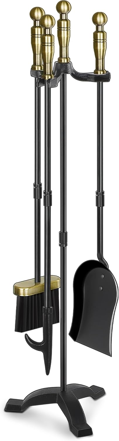 Gtongoko Antique Brass Fireplace Tools Set, 30 Inch Heavy-Duty Wrought Iron