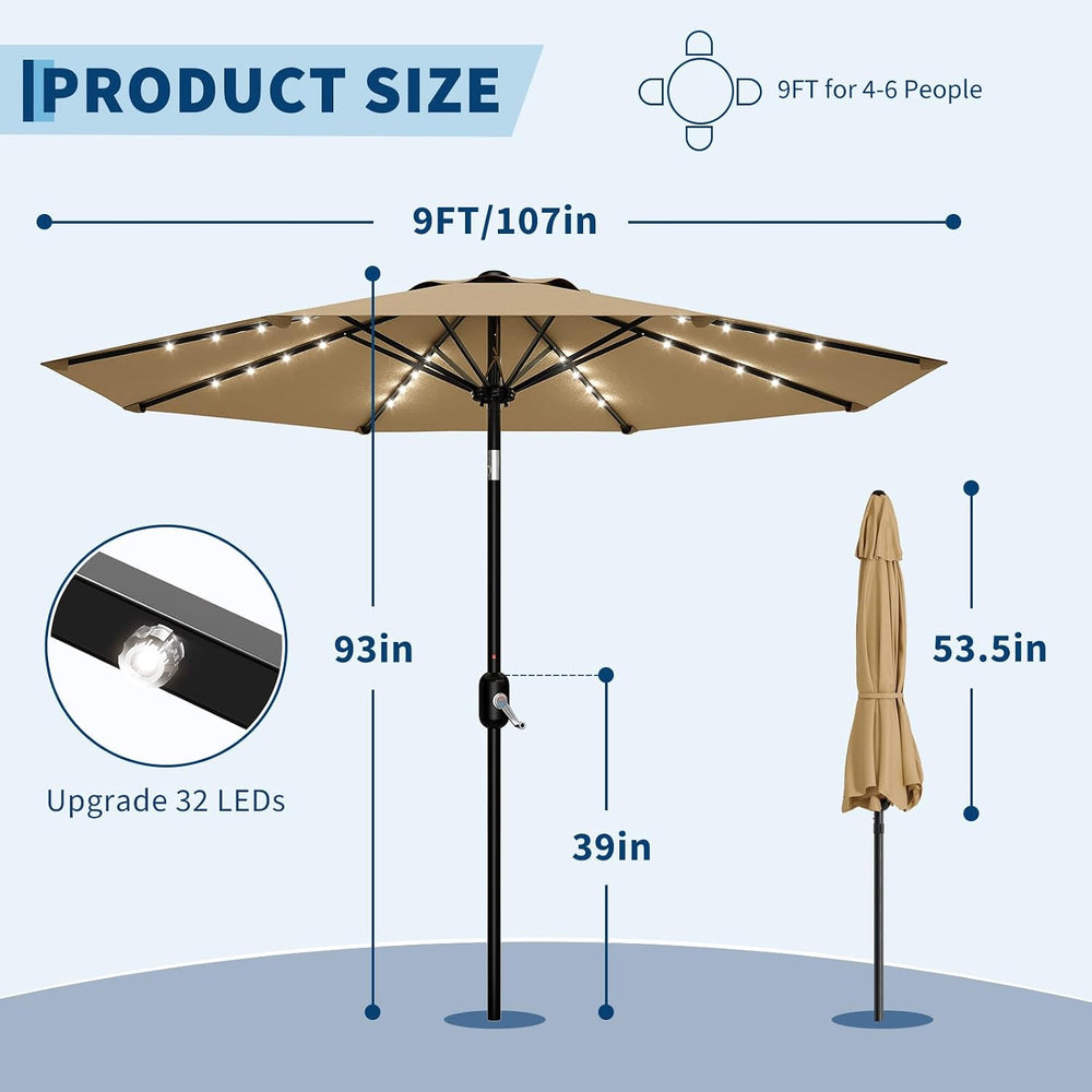Garvee patio Umbrella with Solar Lights, Outdoor Table Umbrella with 8 Durabl...