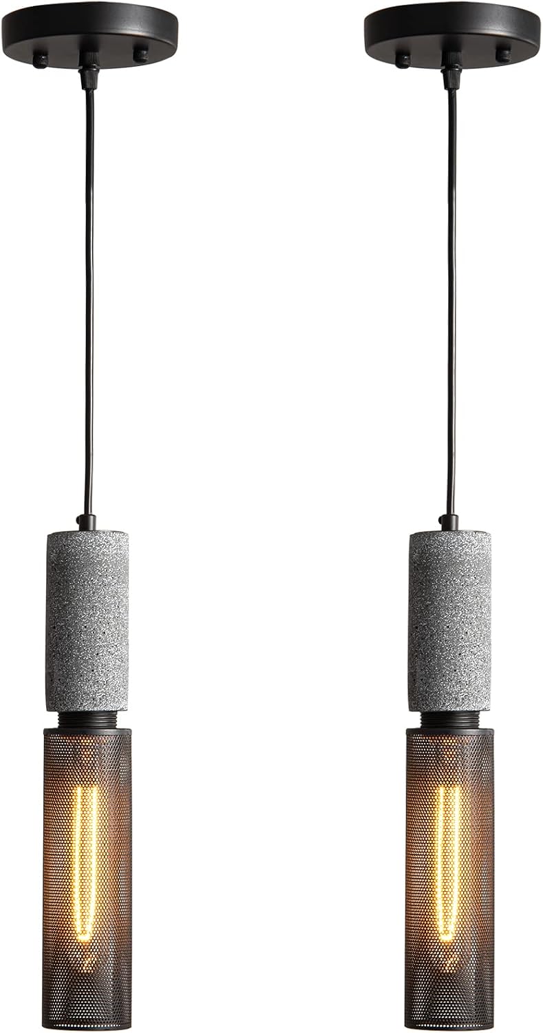 Concrete Linear Pendant Light with a Metal Mesh Shade,Modern Industrial Hangi...