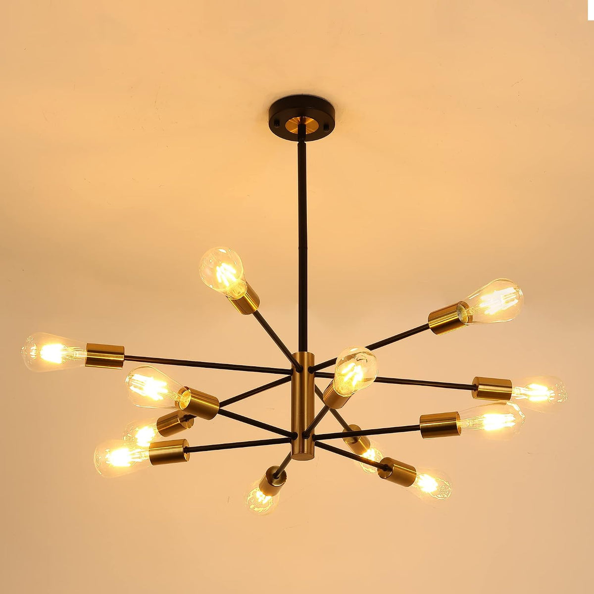 12-light modern sputnik chandelier, mid century black gold shown in use