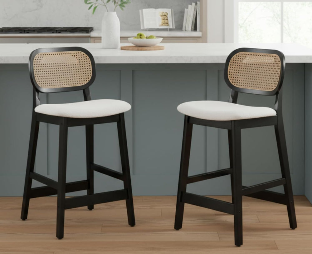 Shunzhi Rattan Counter Height Bar Stools Set of 2, Upholstered Sherpa Barstoo...