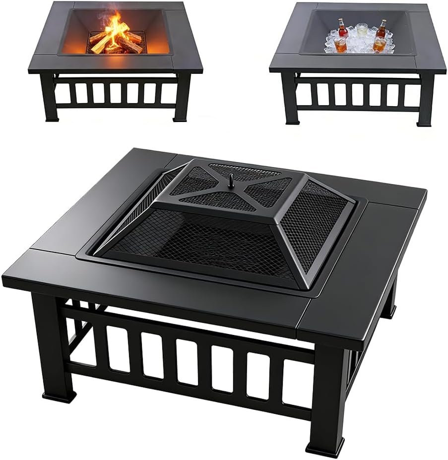3-in-1 Multifunctional Square Fire Pit Table, 32-Inch Outdoor Metal Fire Pit ...