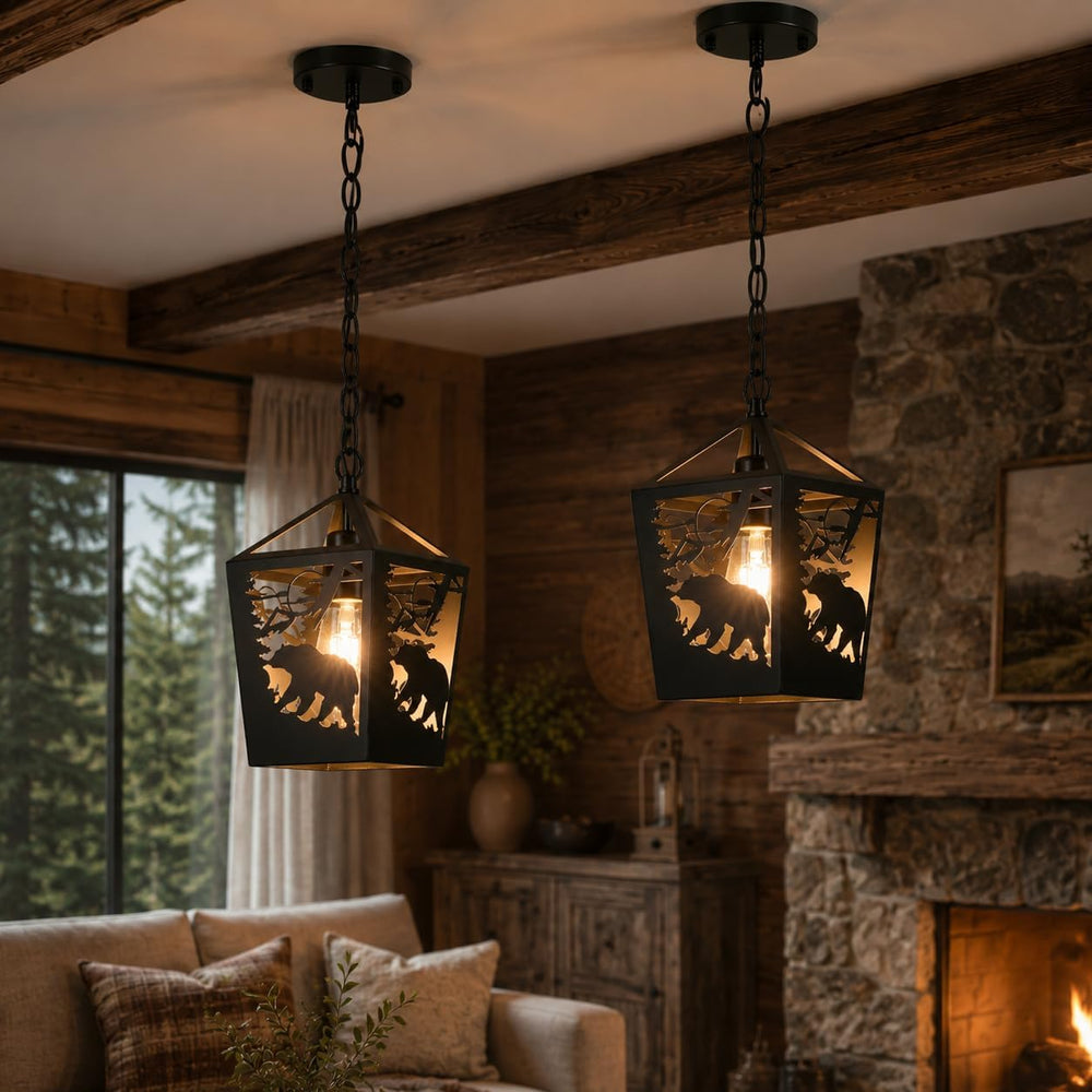 Farmhouse Rustic Bear Pendant Light, 2 Pack Metal Cage