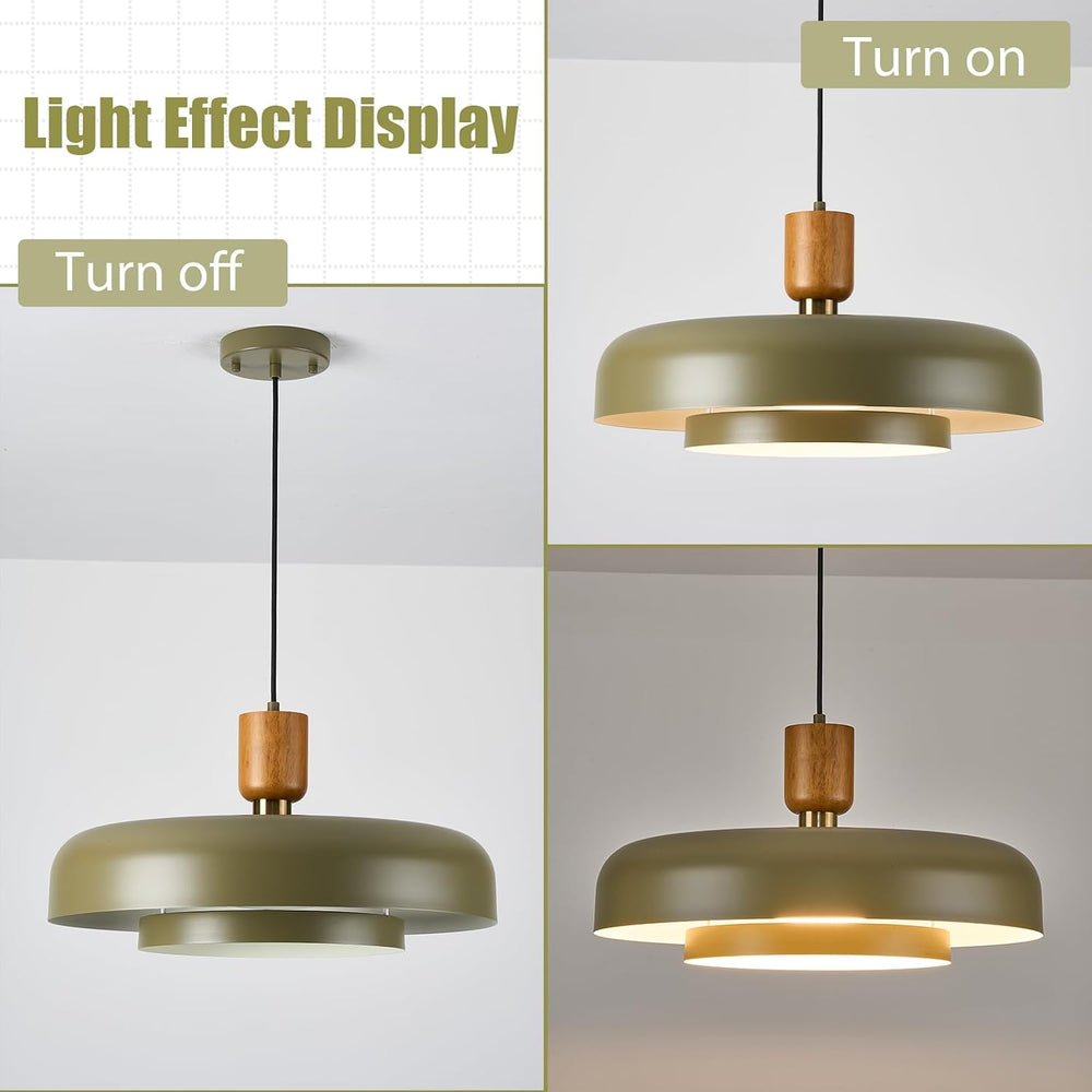 Mid Century Pendant Light 19.68", Natural Wood Brass, Deep Green