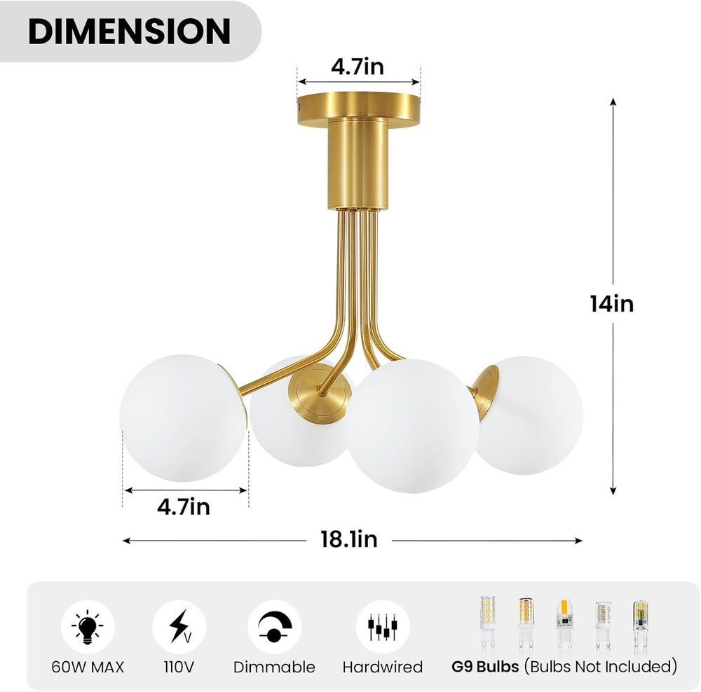 4 Lights Modern Chandelier Gold Semi Flush Mount Ceiling Light Fixture Sputni...