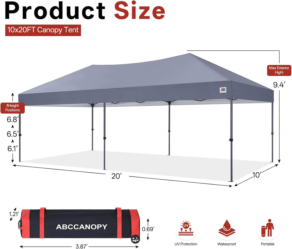 ABCCANOPY 10x20 Pop Up Canopy, Heavy Duty Weather Protection, Light Gray