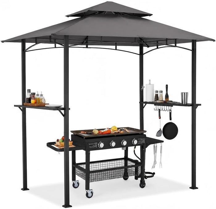 AECOJOY 8' x 5' Outdoor Grill Gazebo Canopy, BBQ Canopy for Outdoor Grill, 2- Tier BBQ Gazebo Shelter for Patio, Backyard and More (Grey)