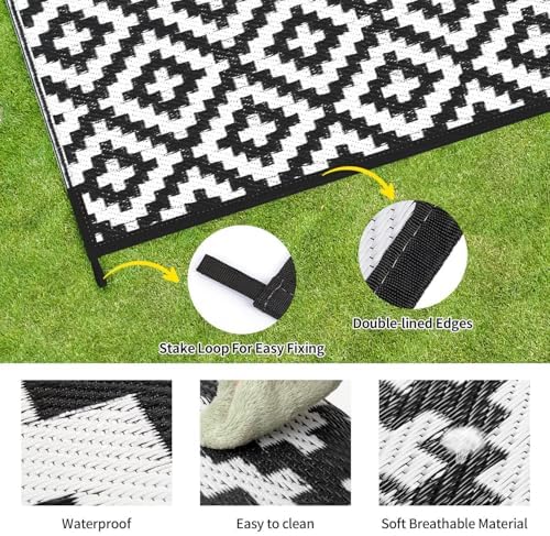 Kalafun Outdoor Patio Plastic Straw Rug, 5x8 ft, Black White