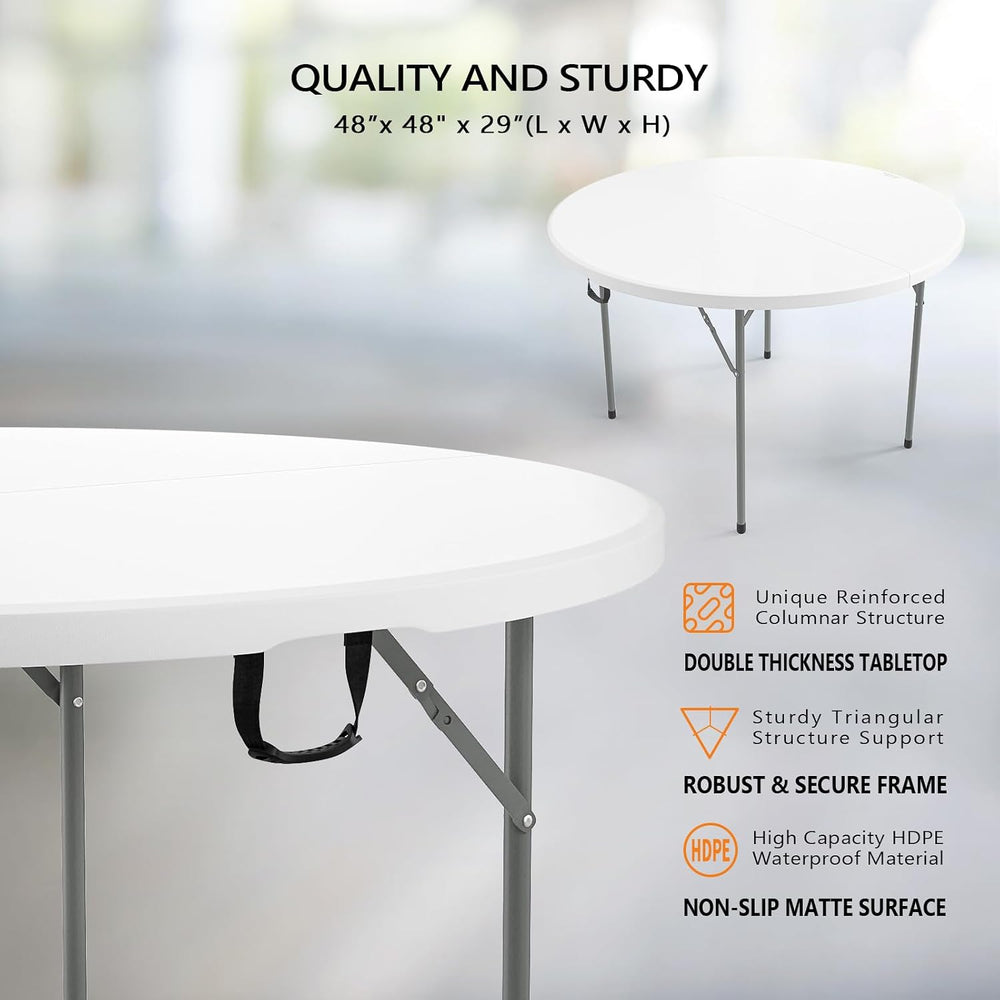VINGLI White 48" Round Bi-Folding Commercial Table, 4 Feet Portable Plas...