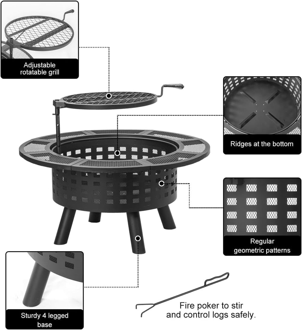 Verdeluxe 36 inch Outdoor Fire Pit with Cooking Grate 3-in-1 Fire Pit Table