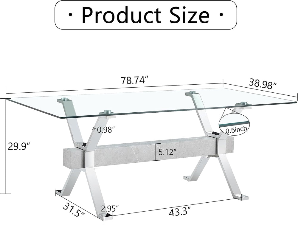 79'' Glass Dining Table, Modern Kitchen Table, Clear Dining Room Tabl...