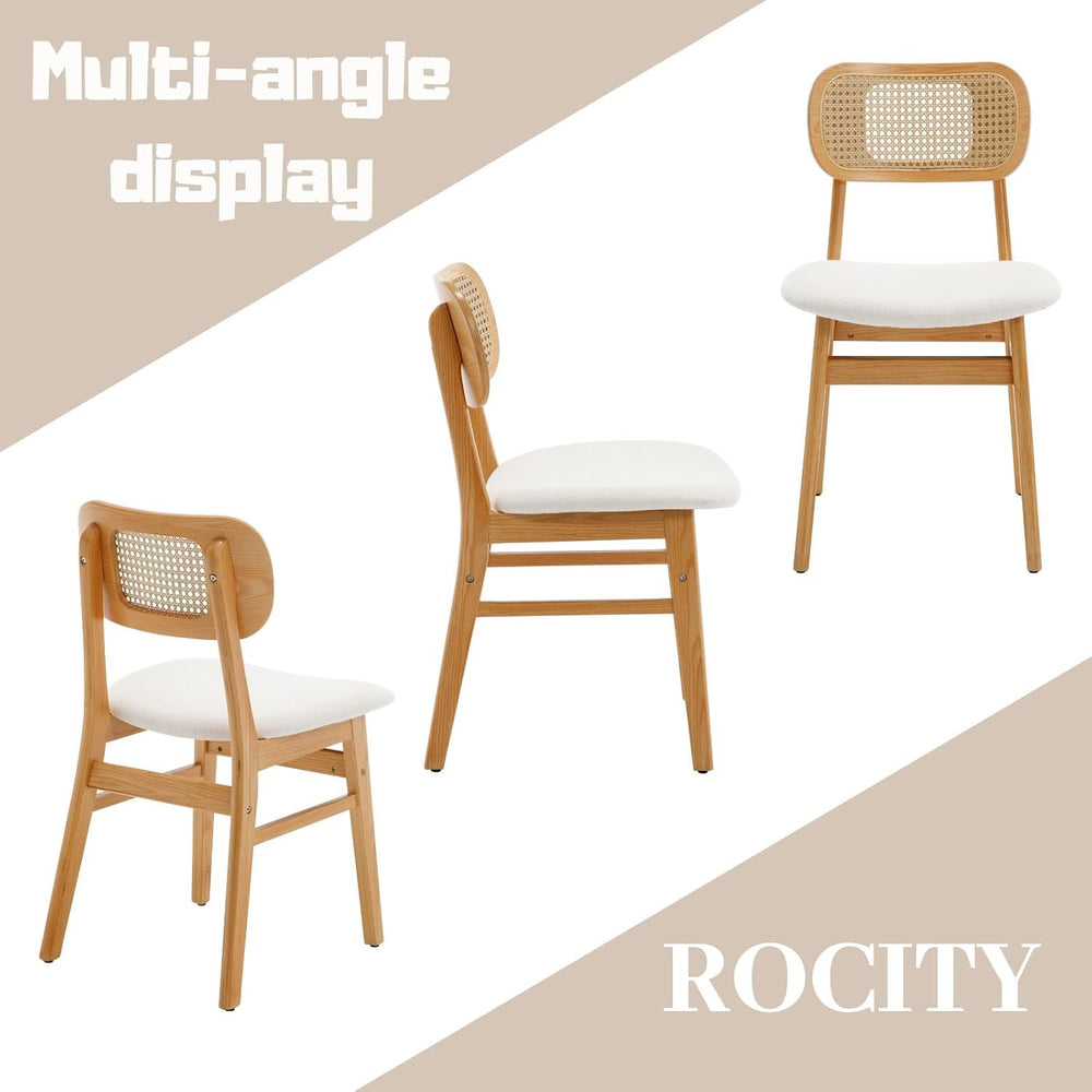 ROCITY Rattan Dining Chairs Set of 2 Beige Linen Fabric Dining Room Chairs Na...