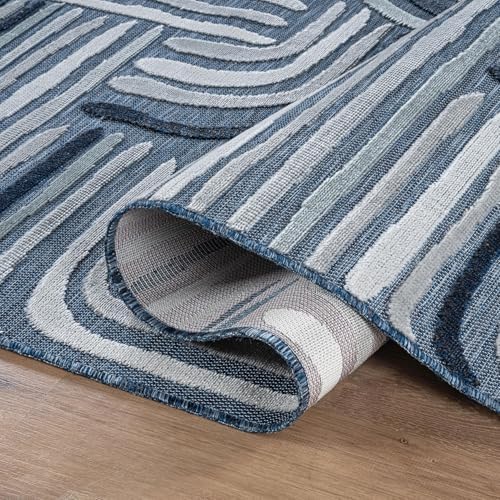 CAMILSON Indoor Outdoor Rug, Navy Blue 8x10 Geometric Arch Striped Area Rugs ...