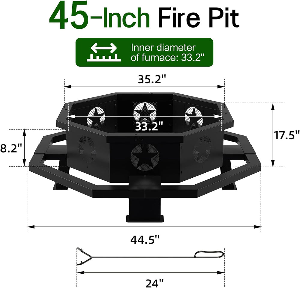 45 inch Large Fire Pit, Outdoor Fire Pit with Heavy Duty Construction, Wood B...