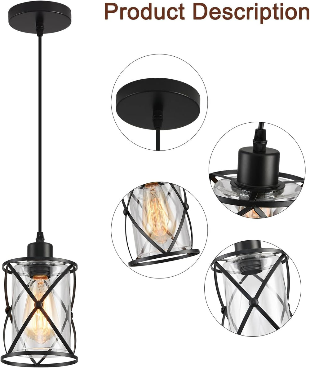 3 Lights Industrial Pendant Light with Glass Shade Matte Black Pendant Lighti...