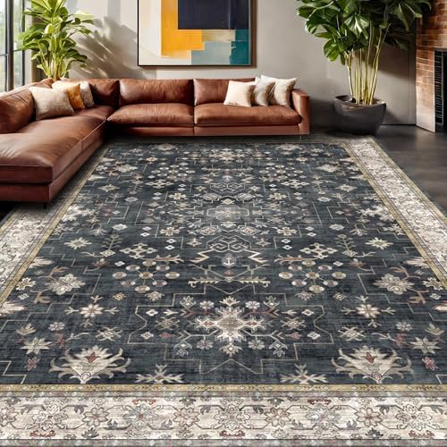 Boho Black Rug for Living Room - Washable 10x14 Area Rug, Dining Room Rugs fo...