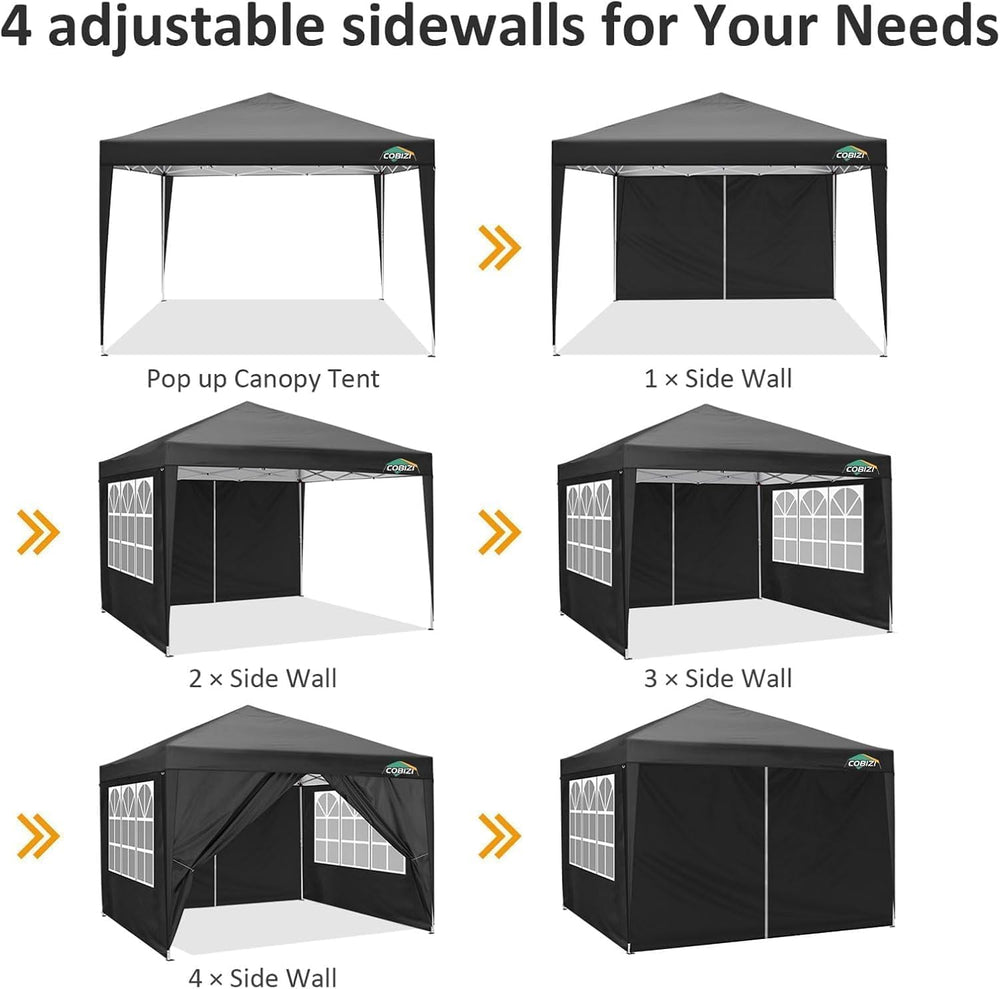 COBIZI 10x10 Pop Up Canopy with 4 Sidewalls, One Push Easy Setup, Black