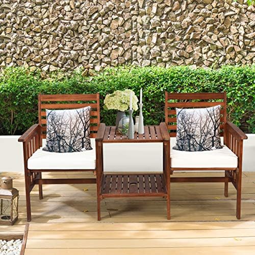 Tangkula Acacia Wood Loveseat, 3pcs Outdoor Table Chairs Set, Patio Conversat...