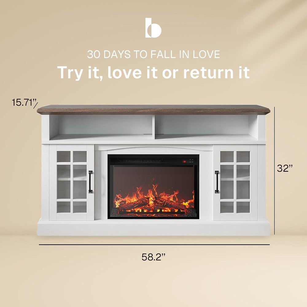 BELLEZE Astorga 58" TV Stand with 23" Electric Fireplace - White