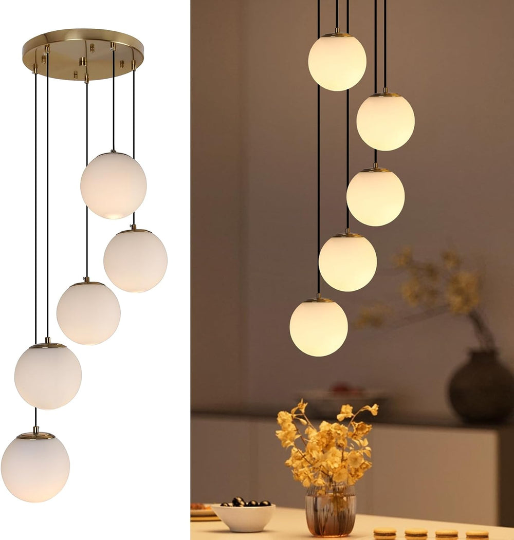 Modern Globe Cluster Chandeliers, 5-Light White Glass Pendant Light Multi Clu...