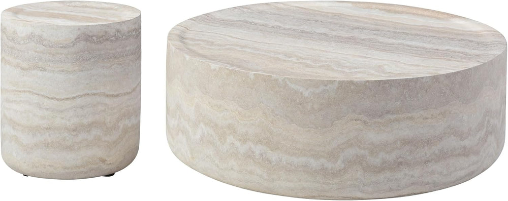 15.74+35.43'' Faux Marble Round Coffee Table,Modern Drum Center Table...