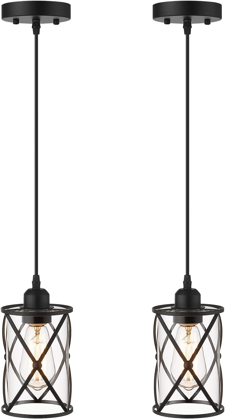 Glass Pendant Lights Kitchen Island 2 Pack, Black Mini Pendant Light with Cle...