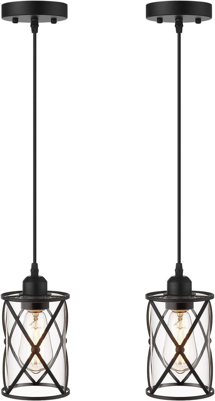 Glass Pendant Lights Kitchen Island 2 Pack, Black Mini Pendant Light with Clear Glass, Farmhouse Industrial Cage Hanging Lighting for Kitchen Sink Dining Room Bathroom, CH9176-1-2PK