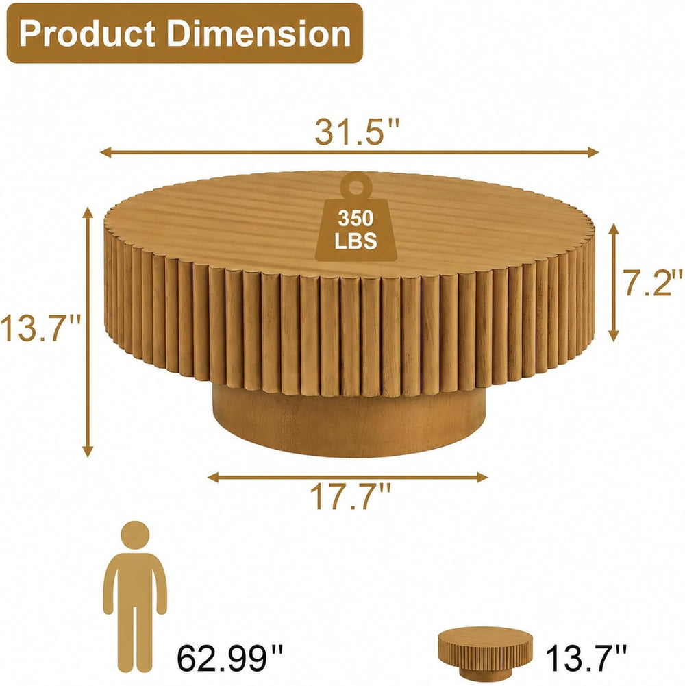 Rovibek Fluted Round Coffee Table, 31.5" Modern Wooden Coffee Table with...