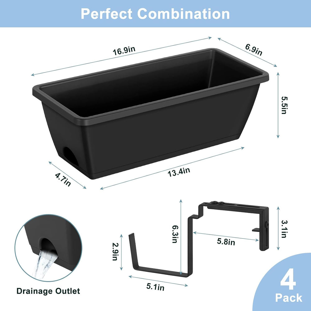 4 Pack Window Boxes Planters Railing Planter Box with Adjustable Brackets
