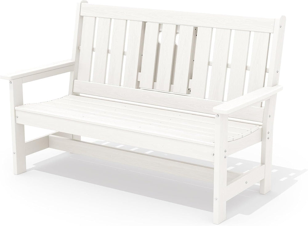 SERWALL HDPE Outdoor Bench with Cup Holder Oversized 58" Porch Bench, White