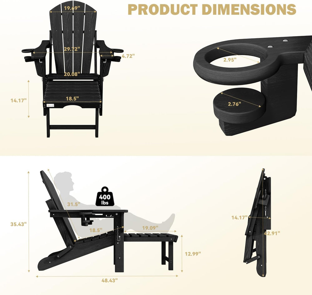 Mdeam HDPE Folding Adirondack Chairs Set of 2, 3-Position 400 lbs, Black