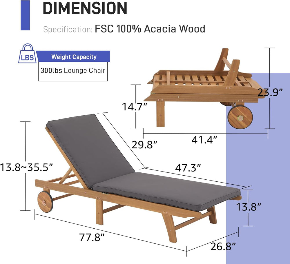 Patiorama Patio Acacia Wood Chaise Lounge Chair of 4,Pool Chair, Dark Grey