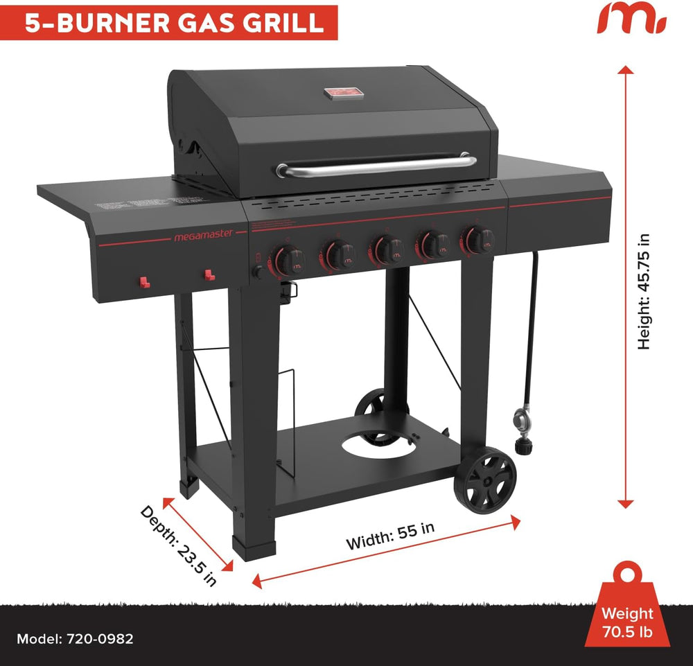 Megamaster Cart 5 Burner Gas Grill, Side Tables with Accessory Hooks, Black