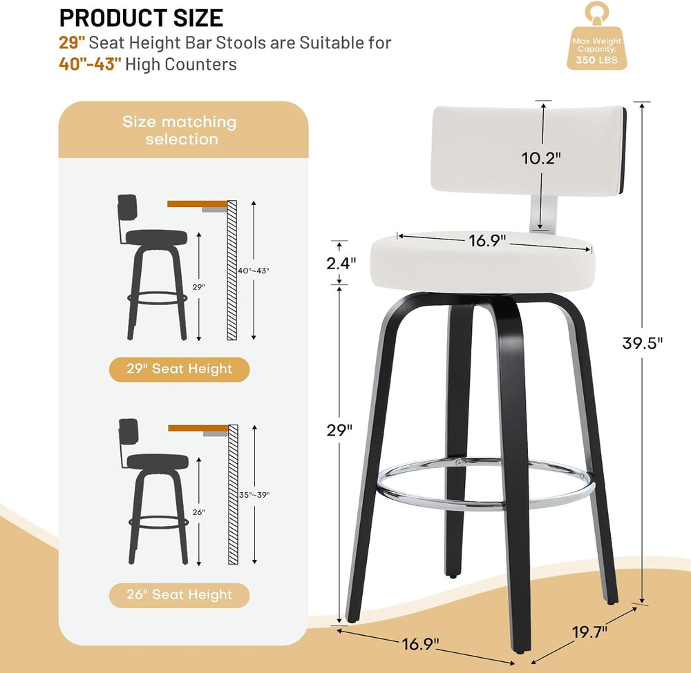 29" Bar Height Swivel Bar Stools Set of 2 with Back, White