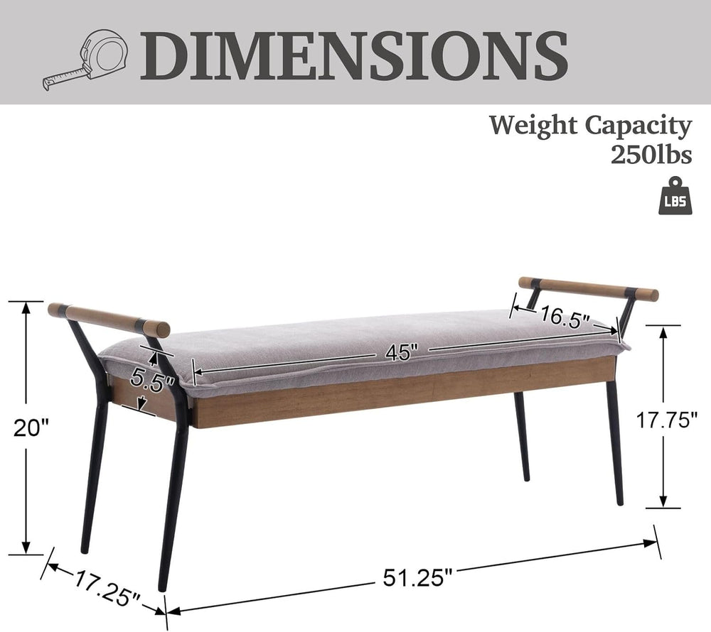 LukeAlon Modern Chenille Ottoman Bench with Arms & Metal Legs, Grey
