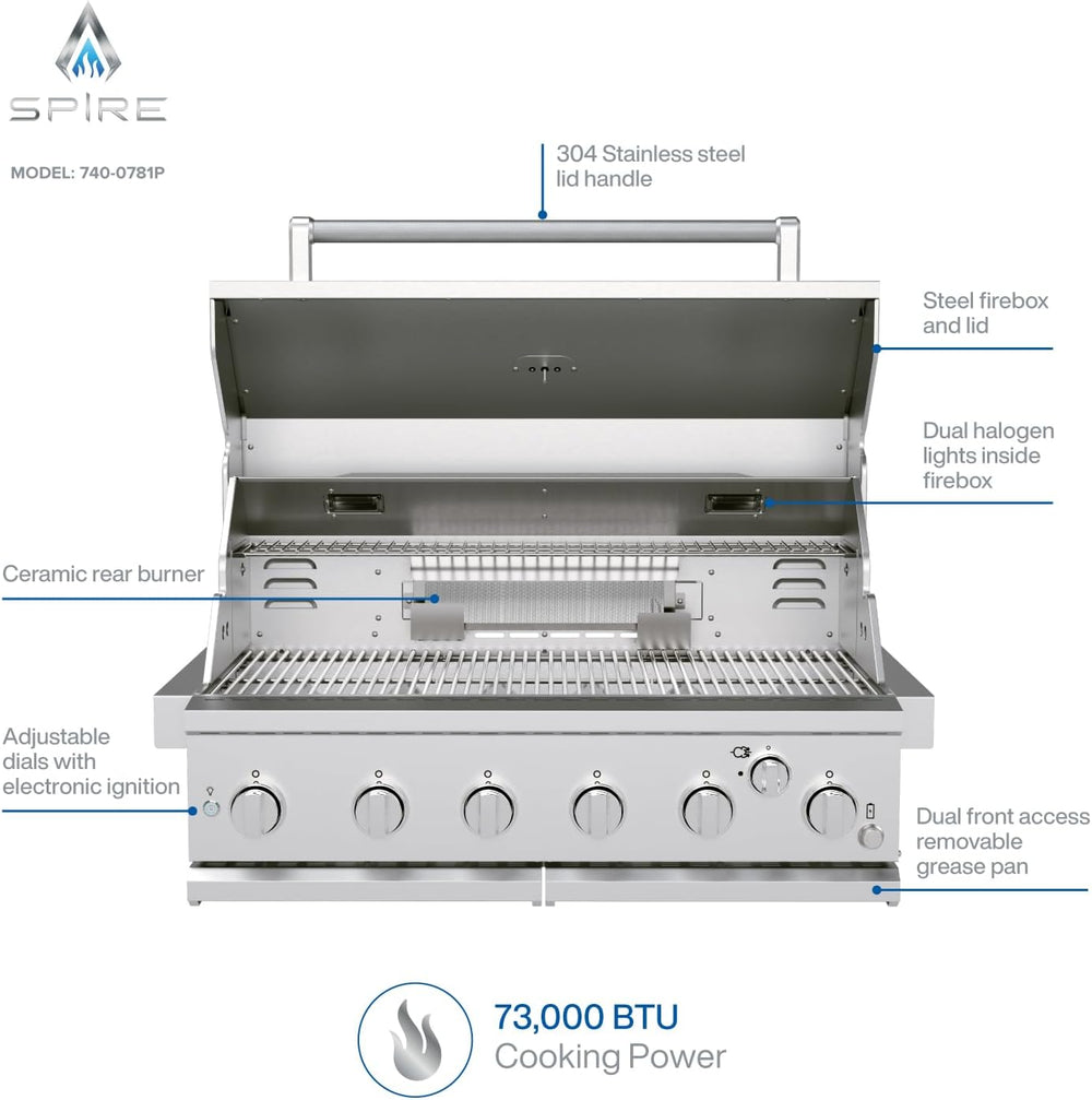 SPIRE 36" Built-in 6 Burner Dual Fuel Grill, All 304 Stainless Steel Body