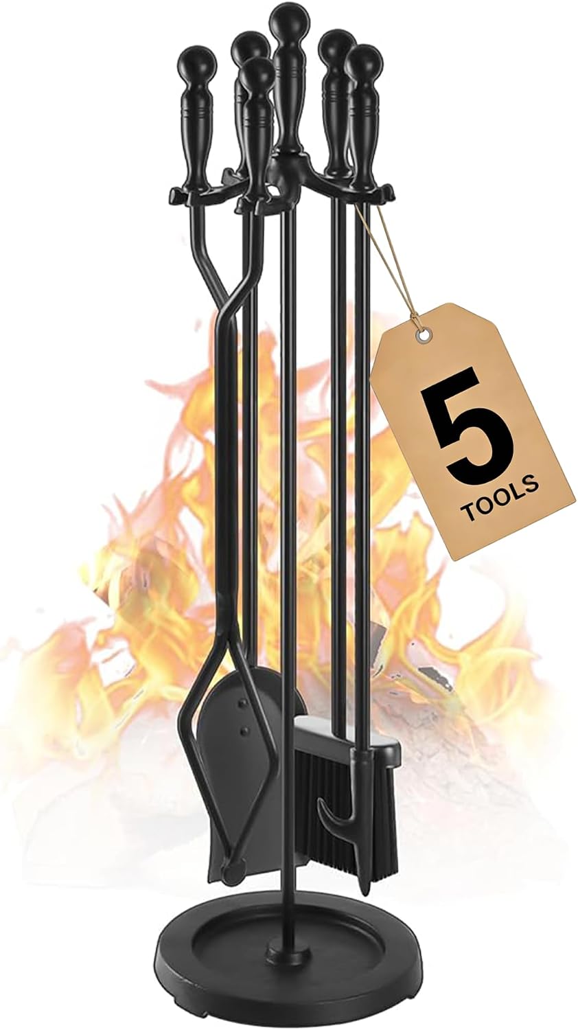 Gtongoko Fireplace Tools Set 5 Pcs 30.5 Inch Black Wrought Iron Large Fire Pl...
