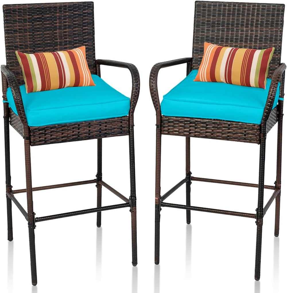 Sundale Outdoor Wicker Bar Stool Set of 2, Patio Counter Height Pub Chair