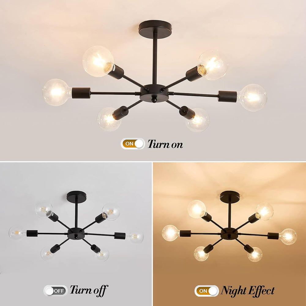 UOFUS Sputnik 6 Light Chandelier Black Mid Century Ceiling Light Fixture Mode...
