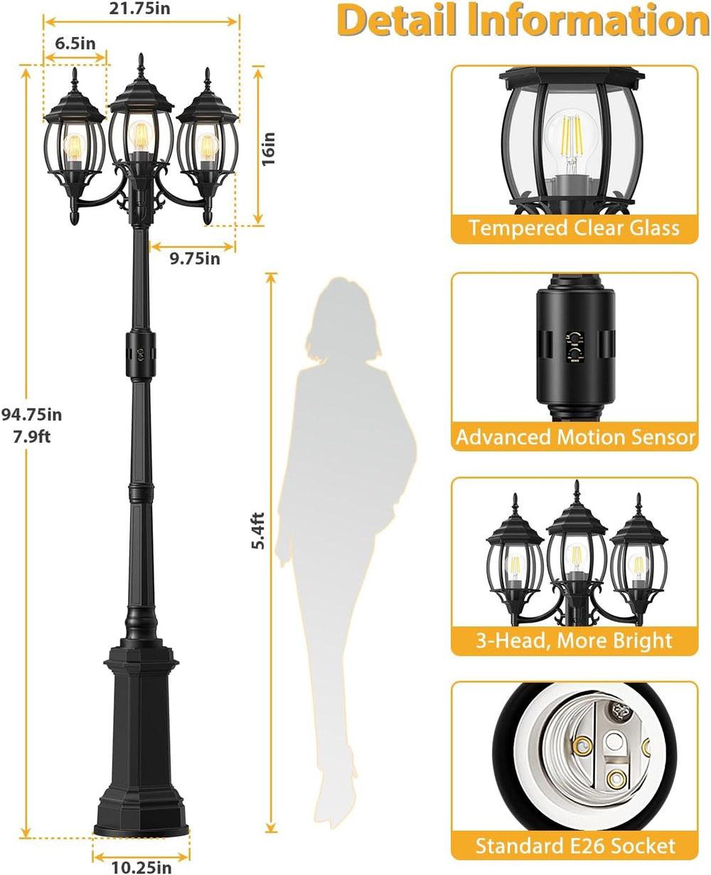 Redluck Motion Sensor Outdoor Post Lights, 3-Head Dusk to Dawn Lamp Post