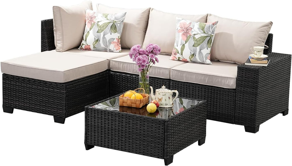 5 Pieces Outdoor Patio Furniture Set, Wicker Conversation Sets with Tea Table...