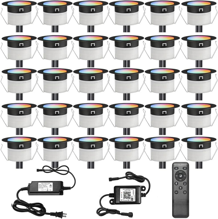 LED Deck Lights Kit, 30 Pack Φ1.22" Low Voltage WiFi Smart Recessed RGBW Deck Lighting with App/Voice Control, Waterproof IP67 In Ground Landscape Lighting for Outdoor Stairs Steps Floor Decor, Black