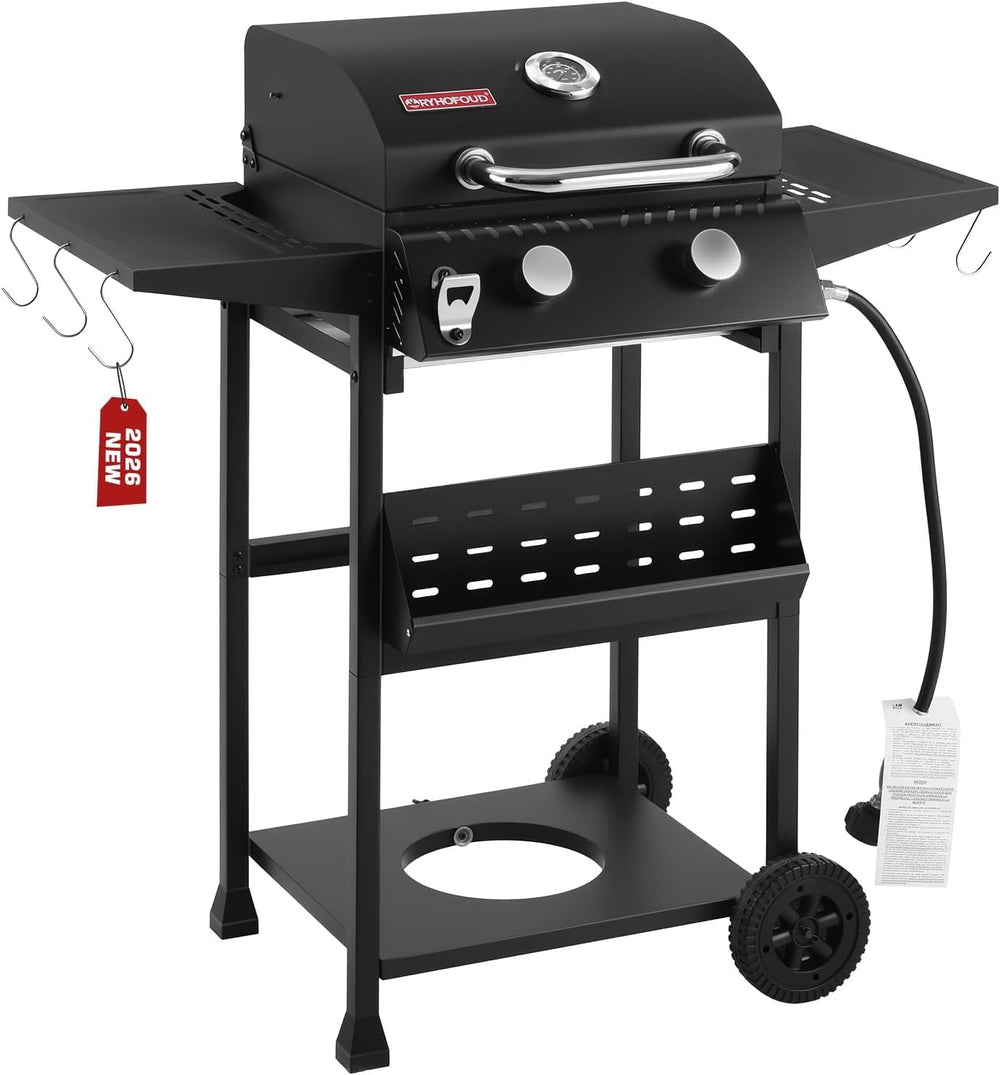2-Burner Propane Gas Grill with Side Burner, Lid and Hooks