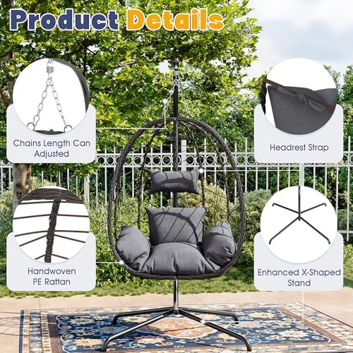 LEX CRAFT Egg Chair with Stand, Patio Wicker Hanging Chair, Hammock Swing Cha...