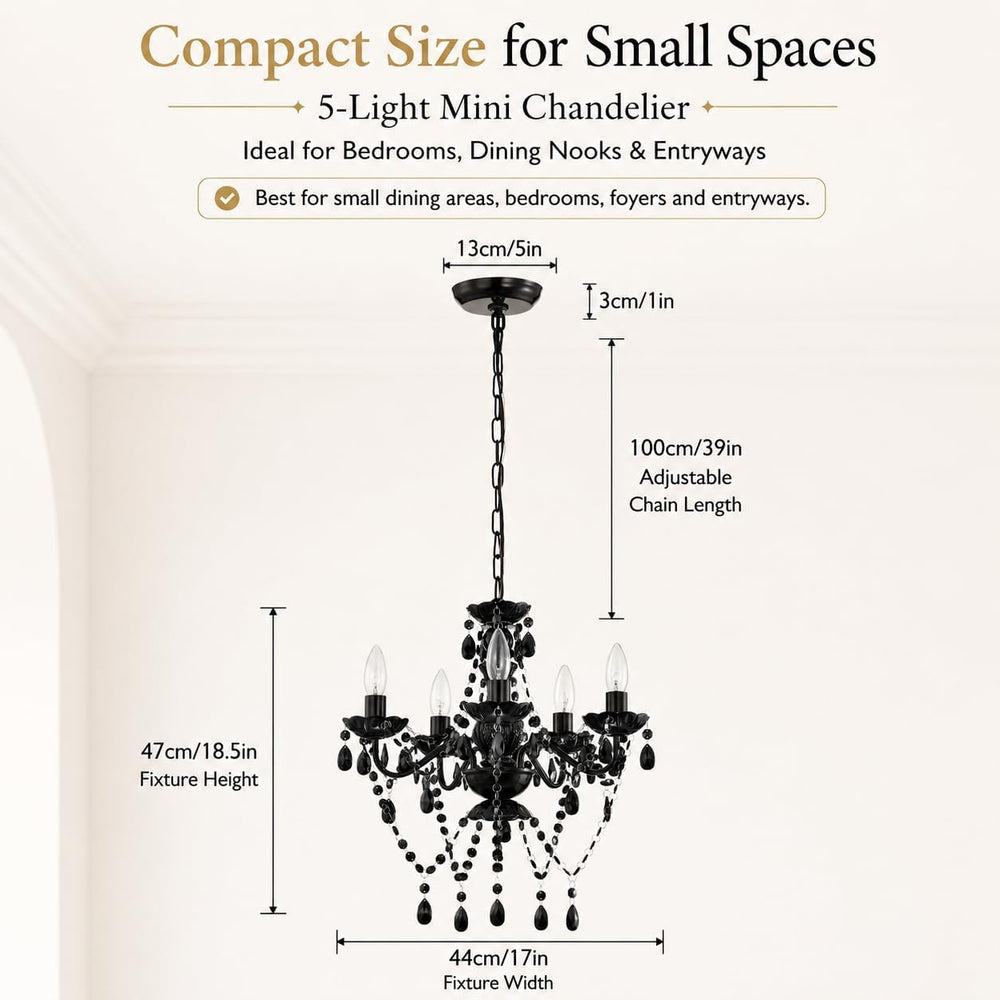 Small Black Crystal Chandelier, 5-Light for Bedroom