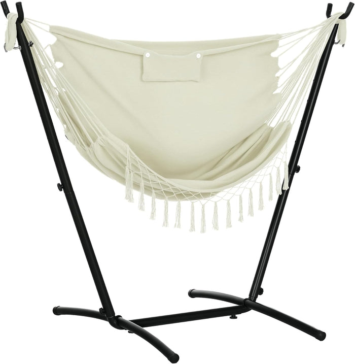 Outsunny Patio Hammock Chair with Stand Side Pocket Headrest Cream White