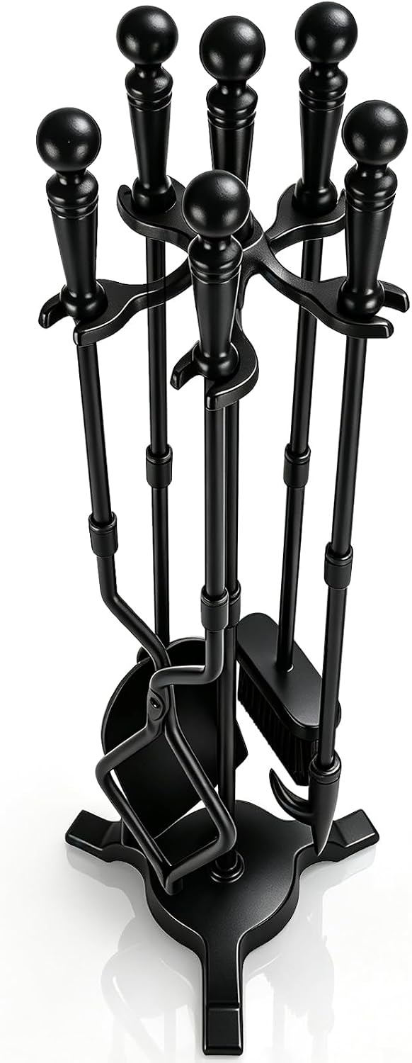 FEED GARDEN 5 Pieces Fireplace Tool Set with Stand,Wrought Iron,29.5” Black