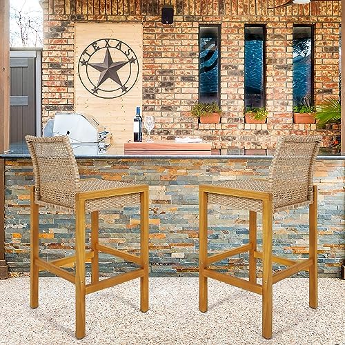 HAPPYGRILL Wicker Bar Stools Set of 4, Patio Chairs with Solid Wood Frame, Er...