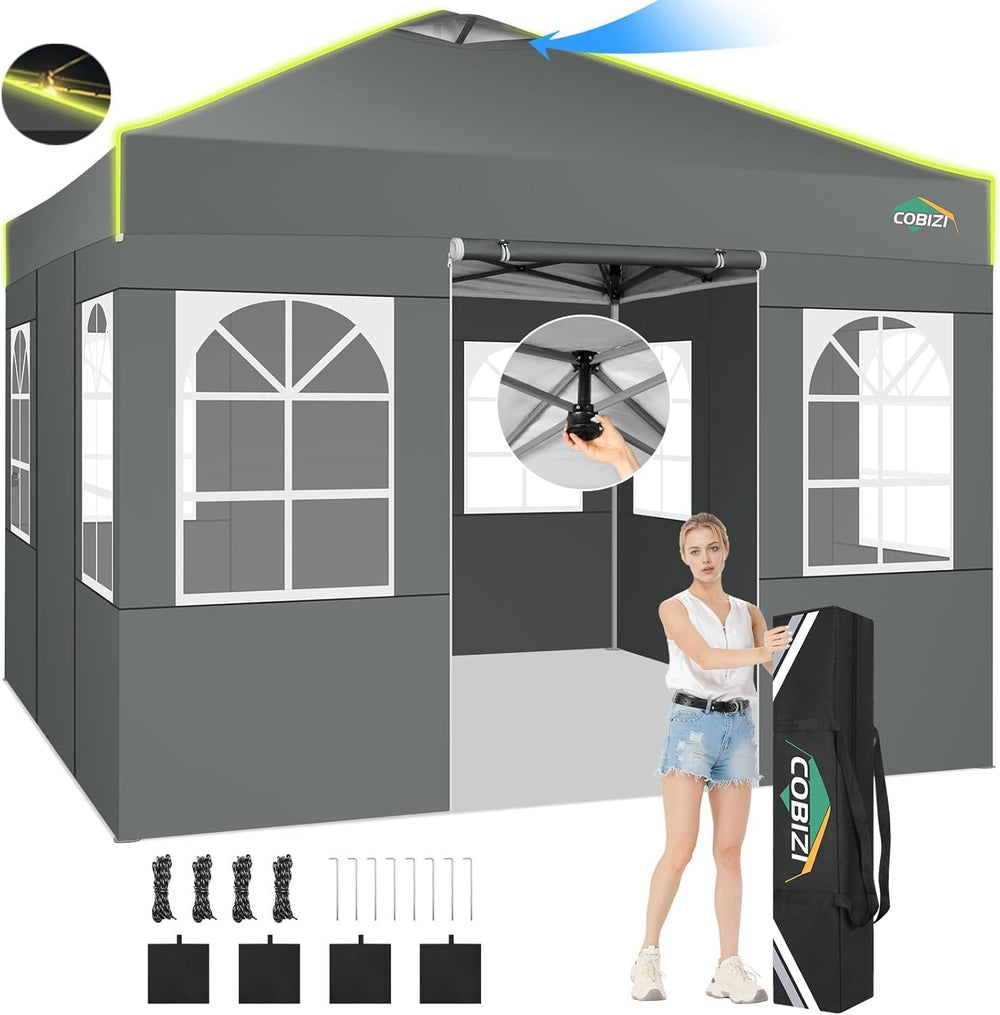 COBIZI 10x10 Pop Up Canopy - One Push Setup Tent, Glow Strips, 4 Sidewalls