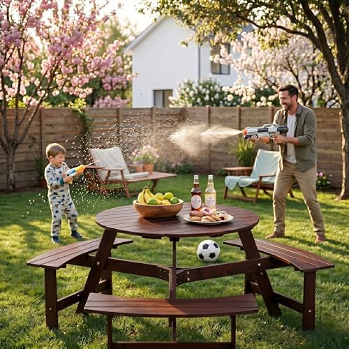 Round 6 Person Outdoor Picnic Table with 3 Built-in Benches